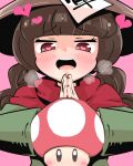  1girl ajirogasa bangs blunt_bangs blush braid breath commentary_request cookie_(touhou) dress eyebrows_visible_through_hair gram_9 green_dress green_tea_(cookie) hat heart heart-shaped_pupils long_hair long_sleeves mario_(series) open_mouth own_hands_together palms_together pink_background red_eyes red_scarf round_teeth scarf simple_background solo super_mushroom symbol-shaped_pupils teeth touhou twin_braids upper_body yatadera_narumi 