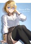  1girl absurdres bangs black_legwear blonde_hair blue-framed_eyewear blue_eyes blush braid braided_ponytail brown_skirt character_name closed_mouth collarbone copyright_name dress_shirt eyebrows_visible_through_hair fate/apocrypha fate/grand_order fate_(series) glasses hair_between_eyes hand_in_hair highres jeanne_d&#039;arc_(fate) jeanne_d&#039;arc_(fate/apocrypha) long_hair long_sleeves looking_at_viewer miniskirt ponytail shiny shiny_hair shirt sitting skirt smile solo thighhighs toukan very_long_hair white_shirt zettai_ryouiki 