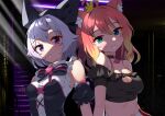  2girls ahoge animal_ear_fluff animal_ears black_choker black_shirt black_sleeves blonde_hair blush breasts choker cleavage cleavage_cutout closed_mouth clothing_cutout collarbone commentary_request copyright_request crown detached_sleeves grey_hair highres kutata medium_breasts mini_crown multicolored_hair multiple_girls off-shoulder_shirt off_shoulder parted_lips puffy_short_sleeves puffy_sleeves purple_eyes red_hair shirt short_sleeves sleeveless sleeveless_shirt smile two-tone_hair upper_body white_shirt 