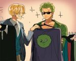  2boys ^_^ blonde_hair cigarette closed_eyes clothing_store green_hair grin indoors male_focus marimo multiple_boys one_piece roronoa_zoro runa_(artist) sanji smile sunglasses trying_on_clothes 