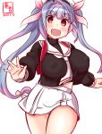  1girl artist_logo backpack bag black_blouse blouse blue_hair breasts cosplay covered_nipples cowboy_shot dated flower-shaped_pupils hair_ribbon i-19_(kancolle) kanon_(kurogane_knights) kantai_collection kinomoto_sakura kinomoto_sakura_(cosplay) large_breasts long_hair long_sleeves neckerchief one-hour_drawing_challenge open_mouth randoseru red_eyes ribbon sailor_collar school_uniform simple_background skirt solo symbol-shaped_pupils tomoeda_elementary_school_uniform tri_tails white_background white_neckerchief white_sailor_collar white_skirt 