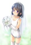  1girl bangs bare_shoulders black_hair blush bouquet bride choker closed_mouth collarbone commentary_request commission elbow_gloves eyebrows_visible_through_hair flower gloves highres holding holding_bouquet looking_at_viewer old_school_swimsuit original purple_eyes school_swimsuit see-through shibacha skeb_commission smile solo swimsuit thighhighs tiara veil white_choker white_flower white_gloves white_legwear 