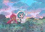  1nupool 2girls ? aqua_hair beret blush_stickers cloud cloudy_sky commentary dark-skinned_female dark_skin flower grass hat highres holding long_hair multiple_girls original outdoors pink_hair rain short_hair sky spoken_question_mark sweatdrop tall_grass 