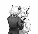  2girls adjusting_neckerchief alina_(arknights) animal_ears arknights blush commentary deer_antlers deer_ears deer_girl dragon_horns dress fingerless_gloves gloves greyscale hair_intakes horns jacket long_sleeves monochrome multiple_girls neckerchief silverxp simple_background smile spot_color symbol-only_commentary talulah_(arknights) upper_body white_background 