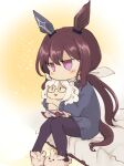  1girl admire_vega_(umamusume) animal_ears animal_slippers bed biwa_hayahide_(umamusume) blue_sweater blush brown_hair bunny_slippers character_doll chibi doll_hug full_body horse_ears horse_girl horse_tail jitome kobuta_(morino_kakuri) long_hair long_sleeves no_mouth object_hug pink_eyes purple_legwear sitting slippers solo sweater tail umamusume 