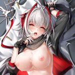  +_+ 1girl ahoge antennae arknights black_gloves black_jacket black_scarf blush breasts cirnos cum cum_in_mouth cum_on_body cum_on_breasts cum_on_fingers cum_on_gloves demon_horns fingerless_gloves gloves grey_hair horns jacket large_breasts looking_at_viewer lying nipples on_back open_clothes open_jacket open_mouth red_nails scar scar_on_arm scarf short_hair sleeves_past_elbows solo tongue upper_body w_(arknights) white_background yellow_eyes 
