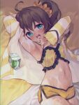  1girl ahoge aqua_eyes arm_behind_head armpits arms_up bangs bed_sheet blush brown_hair commentary_request cowboy_shot dolphin_shorts eyebrows_visible_through_hair frills from_above hair_ornament hair_scrunchie highres hololive jacket long_hair long_sleeves looking_at_viewer lying milk natsuiro_matsuri navel on_back on_bed open_clothes open_jacket scrunchie shorts side_ponytail sleeves_past_wrists solo stomach strap_lift striped striped_jacket suggestive_fluid takotsu virtual_youtuber wet yellow_shorts 