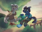  2019 :3 anthro azshara_kletete bench canid canine canis cloud detailed_background digital_drawing_(artwork) digital_media_(artwork) duo feet flattened floppy_ears grass hindpaw male mammal outside paws plant shaded shrub simple_eyebrows stormy_wolf_(character) sweatshirt tall_grass tattoo toony tree unnamed_character watermark wave wolf 