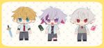  3boys :d bendy_straw black_pants black_shirt blonde_hair blue_eyes can chibi closed_mouth collared_shirt drinking_straw ex_albio fuwa_minato grey_hair grey_shirt kiduta_cielo kuzuha_(nijisanji) layered_sleeves long_sleeves male_focus multicolored_hair multiple_boys necktie nijisanji open_clothes open_shirt pants purple_eyes purple_hair red_eyes red_hair red_necktie shirt short_over_long_sleeves short_sleeves smile standing streaked_hair sweater_vest sword virtual_youtuber weapon 