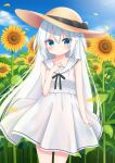  1girl bangs black_bow blue_eyes blue_sky bow brown_headwear closed_mouth cloud dress eyebrows_visible_through_hair feet_out_of_frame field flower flower_field hat hat_bow highres isoroku_(isrk) long_hair looking_at_viewer original outdoors sailor_dress sky sleeveless solo standing sunflower white_dress white_hair 