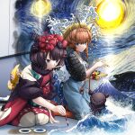  2girls black_kimono blue_overalls braid calligraphy_brush crown_braid fate/grand_order fate_(series) genderswap genderswap_(mtf) hair_bun hair_ornament hairpin holding holding_paintbrush ink japanese_clothes kanagawa_okinami_ura katsushika_hokusai_(fate) kimono mount_fuji mouth_hold multiple_girls nihonga octopus orange_hair overall_shorts overalls paintbrush purple_hair purple_kimono shoori_(migiha) side_braid starry_night tokitarou_(fate) ukiyo-e van_gogh_(fate) vincent_van_gogh_(style) waves yellow_headwear 