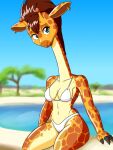  anthro bikini clothing ear_piercing ear_ring female giraffe giraffid hi_res mammal piercing solo swimming_pool swimwear tansau 