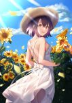  1girl :d bangs black_hair blue_sky blurry breasts brown_eyes brown_headwear cloud depth_of_field dress field flower flower_field from_behind hat highres katou_megumi light_rays looking_at_viewer looking_back open_mouth outdoors saenai_heroine_no_sodatekata short_hair sky smile solo standing straw_hat sundress sunlight teeth white_dress yabai-san yellow_flower 