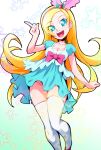  1girl :d aqua_dress aqua_eyes bangs blonde_hair breasts commentary_request dress eyelashes gradient gradient_background hair_ornament hairband happy highres kirahoshi_ciel kirakira_precure_a_la_mode large_breasts long_hair looking_at_viewer open_mouth precure ryuuta_(cure_ryuuta) smile solo standing thighhighs thighs white_legwear 