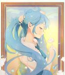  1girl bare_arms blue_eyes blue_hair blue_necktie closed_mouth collared_shirt floating_hair flower framed half-closed_eyes hatsune_miku highres holding holding_flower long_hair necktie petals profile shiny shiny_hair shirt sleeveless sleeveless_shirt smile solo twintails ufff8522 upper_body very_long_hair vocaloid white_flower white_shirt wing_collar 