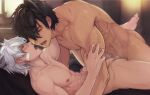  2boys abs anal bandage_on_face bandages black_hair blurry blush closed_eyes collarbone completely_nude cum cum_in_ass cum_on_body cum_on_self depth_of_field earrings feet highres horns jewelry male_focus multiple_boys muscular muscular_male nagisazuki nipples nude open_mouth original penis red_eyes saliva saliva_trail scar scar_on_back stud_earrings sweat sweatdrop testicles uncensored white_hair window yaoi 