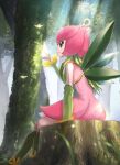  closed_mouth day detached_sleeves digimon dress forest green_eyes green_footwear green_sleeves green_wings highres lillymon ma_(souseki556) nature no_humans outdoors pink_dress profile short_dress sitting sleeveless sleeveless_dress smile wings 