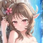  1girl animal_ears antenna_hair arknights beach blush breasts brown_hair close-up collarbone embarrassed eyjafjalla_(arknights) eyjafjalla_(summer_flowers)_(arknights) flower hand_up highres large_breasts longzaibei01 lying nude on_side pink_eyes pink_flower portrait sand sheep_ears sheep_girl solo water 