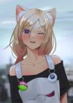  1girl ;d aki_rosenthal animal_ear_fluff animal_ears black_shirt blonde_hair blurry blurry_background blush cat_ears collarbone gradient_hair highres hololive looking_at_viewer mechjunk multicolored_hair off-shoulder_shirt off_shoulder one_eye_closed overalls pink_hair purple_eyes shiny shiny_hair shirt short_sleeves smile solo upper_body virtual_youtuber white_overalls 