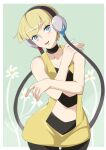  1girl black_choker black_legwear blonde_hair blue_eyes breasts choker elesa_(pokemon) headphones highres looking_at_viewer nozumu open_mouth pantyhose pokemon pokemon_(game) pokemon_bw short_hair simple_background smile solo 