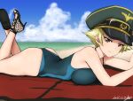  1girl beach blonde_hair blue_sky blue_swimsuit breasts brown_eyes bukkuri cloud competition_swimsuit day erwin_(girls_und_panzer) girls_und_panzer goggles goggles_on_headwear green_headwear hat high_heels large_breasts lying military_hat ocean on_stomach one-piece_swimsuit outdoors peaked_cap pointy_hair sandals short_hair sky smile solo swimsuit the_pose 