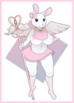  5_fingers anthro anthrofied bib big_breasts border bottomwear breasts clothing danganronpa danganronpa_2 edit female fingers footwear fur gradient_background hi_res jewelry knee_highs knee_socks lagomorph legwear leporid makydeli_(artist) mammal navel necklace nipples pink_border pink_inner_ear pink_nipples pink_nose rabbit ribbons round_tail simple_background simple_eyes simple_face skirt socks solo staff thick_thighs usami usami/monomi visible_underwear white_body white_fur 