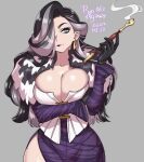  1girl agawa_ryou arm_under_breasts black_hair breasts cleavage curvy dress earrings gloves grey_background grey_hair hair_over_one_eye jewelry large_breasts lipstick makeup multicolored_hair original pipe smoke solo 