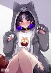  1girl animal_costume animal_hands animal_hood animal_print bangs bare_legs black_collar black_hair blush collar dog_costume dog_hood dog_print earrings eyebrows_visible_through_hair facial_mark feet_out_of_frame forehead_mark fuumeh gloves highres hood indie_virtual_youtuber jewelry knees_together_feet_apart looking_at_viewer mole mole_under_eye noi_(vtuber) parted_bangs parted_lips paw_gloves shirt short_hair sitting solo sweat virtual_youtuber white_shirt yellow_eyes 