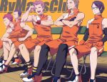  5boys :d ataka_takeru black_gloves black_hair black_legwear brown_hair chair copyright_name flexing glasses gloves gokura_kotetsu grin highres male_focus mashiba_yuho multiple_boys muscular muscular_male orange_footwear orange_gloves orange_shorts pink_hair pose red_eyes red_hair ryman&#039;s_club saruhashi_yuukei shoes short_hair shorts sitting sleeveless smile sneakers socks sportswear striped striped_legwear sweatband tachibana_azuma toned toned_male tonozaki_shiryuu yellow_background 