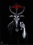  1boy absurdres baphomet dark darkness demon fire furry goat highres horns monochrome no_humans occult pentagram satanen 