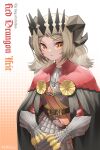  1girl absurdres alternate_costume arknights armor armored_skirt black_cape blonde_hair breastplate cape crown demon_horns gauntlets highres horns ifrit_(arknights) knight looking_at_viewer orange_eyes short_twintails slit_pupils solo tiara twintails upper_body zhengqi_zhizi_sg 