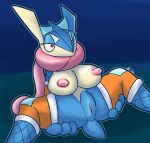  2022 3_fingers amphibian anthro armwear big_breasts black_pupils blue_body blue_scales blush breasts clitoris clothing female fingers fishnet fishnet_armwear fishnet_legwear genitals greninja gwen_(sirphilliam) half-closed_eyes hi_res huge_breasts legwear long_tongue mostly_nude narrowed_eyes nintendo nipples orange_armwear orange_clothing orange_legwear pink_eyes pink_nipples pink_pussy pok&eacute;mon pok&eacute;mon_(species) pupils pussy scales solo spread_legs spreading tan_body tan_scales tongue ultilix video_games white_armwear white_clothing 