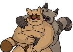  2008 anthro balls belly black_nose blush brown_body canid canine duo embrace erection fatyogi genitals hug hugging_from_behind humanoid_genitalia humanoid_hands humanoid_penis male male/male mammal moobs nipples overweight overweight_male penis procyonid raccoon raccoon_dog tanuki 