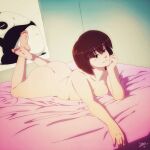  1girl absurdres artist_name ass bangs bed bed_sheet bedroom blush bob_cut breasts brown_eyes brown_hair collarbone completely_nude eyebrows_visible_through_hair feet_up grin head_rest highres inhus looking_at_viewer lying medium_breasts nude on_bed on_stomach poster_(object) ranma_1/2 saotome_genma_(panda) short_hair signature smile soles solo tendou_nabiki the_pose 