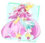  1girl adapted_costume boots cape commentary_request cure_yell earrings eyelashes happy hat high_heel_boots high_heels highres hugtto!_precure jewelry layered_skirt long_hair looking_at_viewer magical_girl matatabi_(karukan222) midriff navel nono_hana pink_cape pink_eyes pink_hair pink_shirt pink_theme precure shirt skirt smile solo standing witch witch_hat wrist_cuffs 