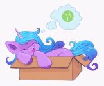  blue_hair blue_tail box container equid equine eyes_closed female feral hair hasbro hi_res horn inner_ear_fluff izzy_moonbow_(mlp) mammal mlp_g5 my_little_pony open_mouth purple_body saphypone simple_background solo tuft unicorn white_background 