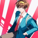  1boy bag bangs blazer blue_jacket brown_eyes brown_pants commentary_request eyebrows_visible_through_hair genderswap genderswap_(ftm) hairband hand_in_pocket holding holding_bag jacket kita_high_school_uniform long_sleeves looking_at_viewer male_focus mochoeru necktie pants pocket red_background red_necktie school_bag school_uniform shirt short_hair solo suzumiya_haruhi_no_yuuutsu suzumiya_haruhiko two-tone_background white_background white_shirt yellow_hairband 