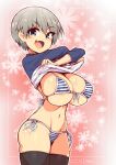  1girl bikini blue_eyes breasts fang grey_hair large_breasts meme_attire shirt skin_fang smug solo sugoi_dekai sweat swimsuit uzaki-chan_wa_asobitai! uzaki_hana virus-g 