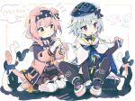  1boy 1girl animal_ears arknights beret blue_hair bow braid braiding_hair cat_ears cat_tail coat elbow_gloves gloves goldenglow_(arknights) hairdressing hat highres mizuki_(arknights) naguru_(cyoroama) pink_coat pink_hair purple_eyes sitting tail thighhighs wariza yellow_eyes 