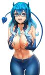  1girl absurdres areola_slip areolae bare_shoulders between_breasts black_choker blue-framed_eyewear blue_bra blue_eyes blue_gloves blue_hair blue_horns blue_nails blue_pants blue_tail blush bra braco breasts choker cleavage collarbone commission commissioner_upload covered_nipples cross cross_necklace demon_girl demon_horns demon_tail elbow_gloves eyebrows_visible_through_hair fingerless_gloves food freckles glasses gloves hair_between_eyes heart heart-shaped_pupils heart_choker highres horns jewelry large_breasts long_hair looking_at_viewer multicolored_hair naughty_face navel navel_piercing necklace open_mouth original pants piercing popsicle rectangular_eyewear revealing_clothes saliva saliva_trail self_fondle sexually_suggestive sidelocks simulated_paizuri smile solo sports_bra sweat symbol-shaped_pupils tail teeth tongue tongue_out tongue_piercing transparent_background undersized_clothes underwear unzipped upper_teeth wavy_hair yoga_pants 