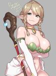  1girl agawa_ryou arm_under_breasts bare_shoulders blonde_hair braid breasts collar curvy elf green_eyes grey_background large_breasts looking_at_viewer navel original pointy_ears solo 