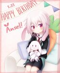  1boy animal_ears ansel_(arknights) arknights birthday blush bunny carrot happy_birthday highres looking_at_viewer male_focus on_lap otoko_no_ko pillow pink_hair rabbit_boy rabbit_ears red_eyes rinzy solo stuffed_animal stuffed_toy 