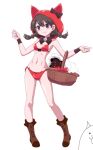  1girl basket bikini black_bow black_hair blue_eyes blush bow bowtie braid brown_footwear cat_(nyanko_daisensou) doggy_(nyanko_daisensou) hayashiya_zankurou minya_(nyanko_daisensou) nyanko_daisensou red_bikini red_hood swimsuit white_background 