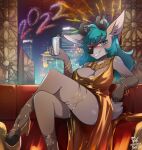  1girl alcohol animal_ears blue_eyes blue_hair breasts cleavage couch cup deer deer_ears deer_girl dress drinking_glass earrings fireworks foxinshadow furry high_heels highres holding holding_cup jewelry large_breasts looking_at_viewer new_year nipples nude original solo wine wine_glass 