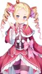  1girl absurdres bangs beatrice_(re:zero) blonde_hair blue_eyes blush capelet cowboy_shot crown dress drill_hair hair_ribbon hand_up highres index_finger_raised long_hair looking_at_viewer mini_crown neck_ribbon pink_hair pink_legwear pink_ribbon re:zero_kara_hajimeru_isekai_seikatsu red_capelet ribbon simple_background solo striped striped_legwear symbol-shaped_pupils twin_drills white_background yuunamida_uyu 