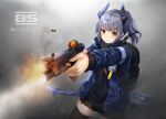  1girl absurdres arknights dragon_girl dragon_horns dragon_tail enpera_(jdud8375) finger_on_trigger firing glock_19 grey_hair gun handgun highres holding holding_gun holding_weapon horns liskarm_(arknights) muzzle_brake muzzle_flash orange_eyes pistol skindentation skirt smoke solo tail weapon 