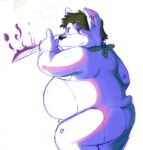  2011 anthro belly butt canid canine canis domestic_dog fatyogi humanoid_hands knife male mammal overweight overweight_male simple_background solo text 