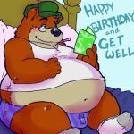 2012 anthro bed belly black_nose brown_body bulge clothing english_text eyewear fatyogi furniture glasses hat headgear headwear low_res male mammal obese obese_male overweight overweight_male pillow sitting solo text underwear ursid 