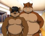  2013 anthro belly biped black_nose brown_body canid canine canis duo fatyogi humanoid_hands male mammal moobs nipples overweight overweight_male suid suina sus_(pig) wild_boar wolf 