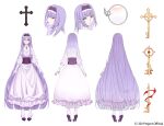  1girl 3di_project absurdres bangs blue_eyes boots breasts character_sheet dress hairband heterochromia high_heels highres key large_breasts light_purple_hair long_hair long_sleeves marcheline official_art puffy_long_sleeves puffy_sleeves red_eyes rigu_(3di) very_long_hair virtual_youtuber white_background white_dress 